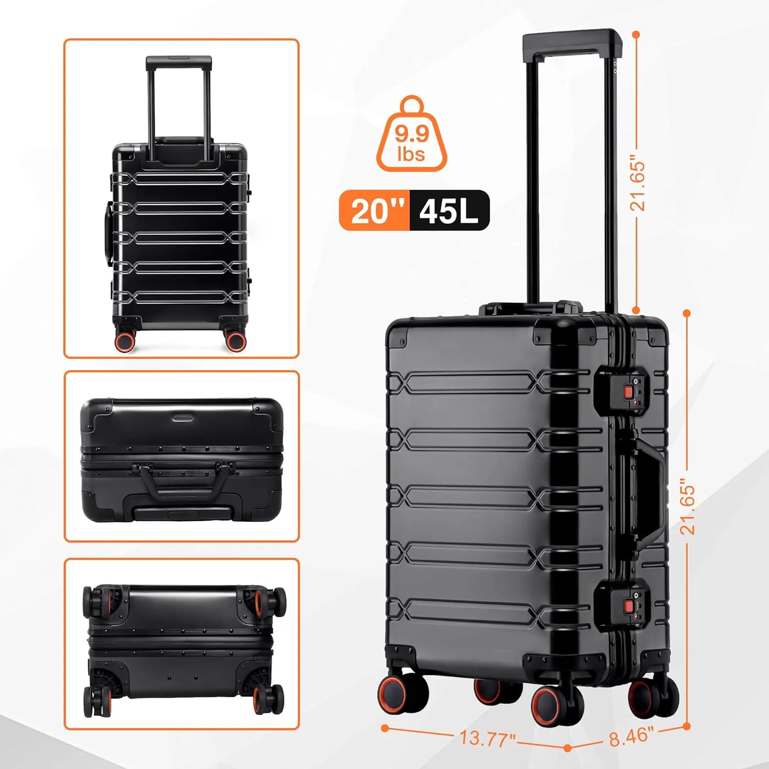 All Aluminum Carry On Luggage 22x14x9 Airline Approved，Zipperless Luggage Premium Aluminum Suitcase Luggage, Hard Shell Carry On Luggage with Spinner Wheels (black, 20inch)