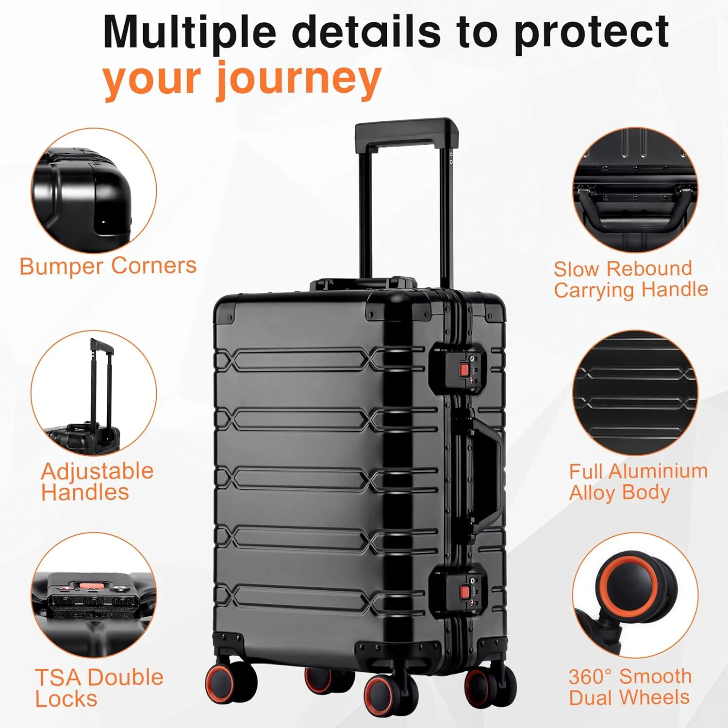 All Aluminum Carry On Luggage 22x14x9 Airline Approved，Zipperless Luggage Premium Aluminum Suitcase Luggage, Hard Shell Carry On Luggage with Spinner Wheels (black, 20inch)