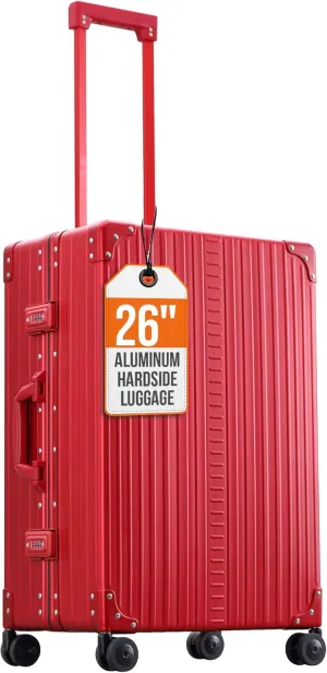 All Aluminum Lightwieght 26" Carry-On Luggage - Hardside Carry-On Suitcase, TSA Approved, Hard Shell Suitcase for Travel, Airline Approved Hard Spinner Wheels Luggage (Ruby)