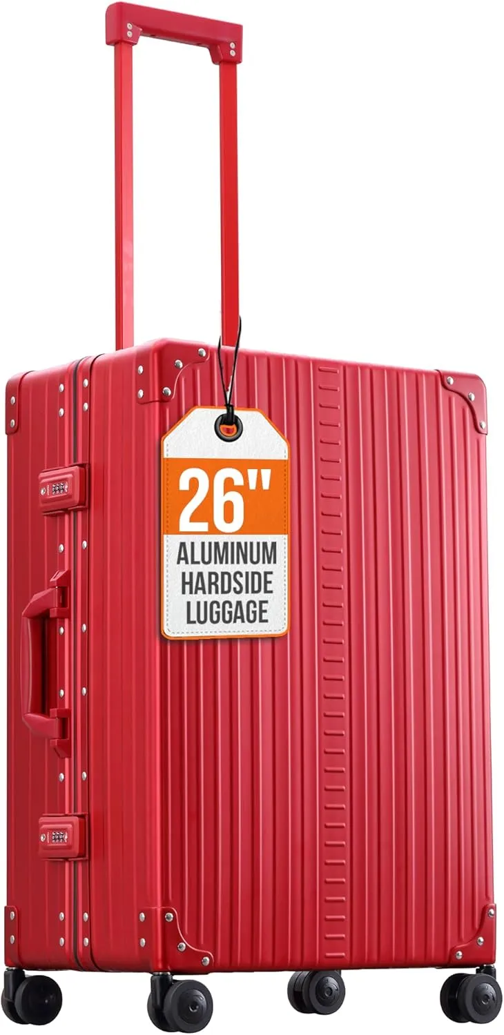 All Aluminum Lightwieght 26" Carry-On Luggage - Hardside Carry-On Suitcase, TSA Approved, Hard Shell Suitcase for Travel, Airline Approved Hard Spinner Wheels Luggage (Ruby)