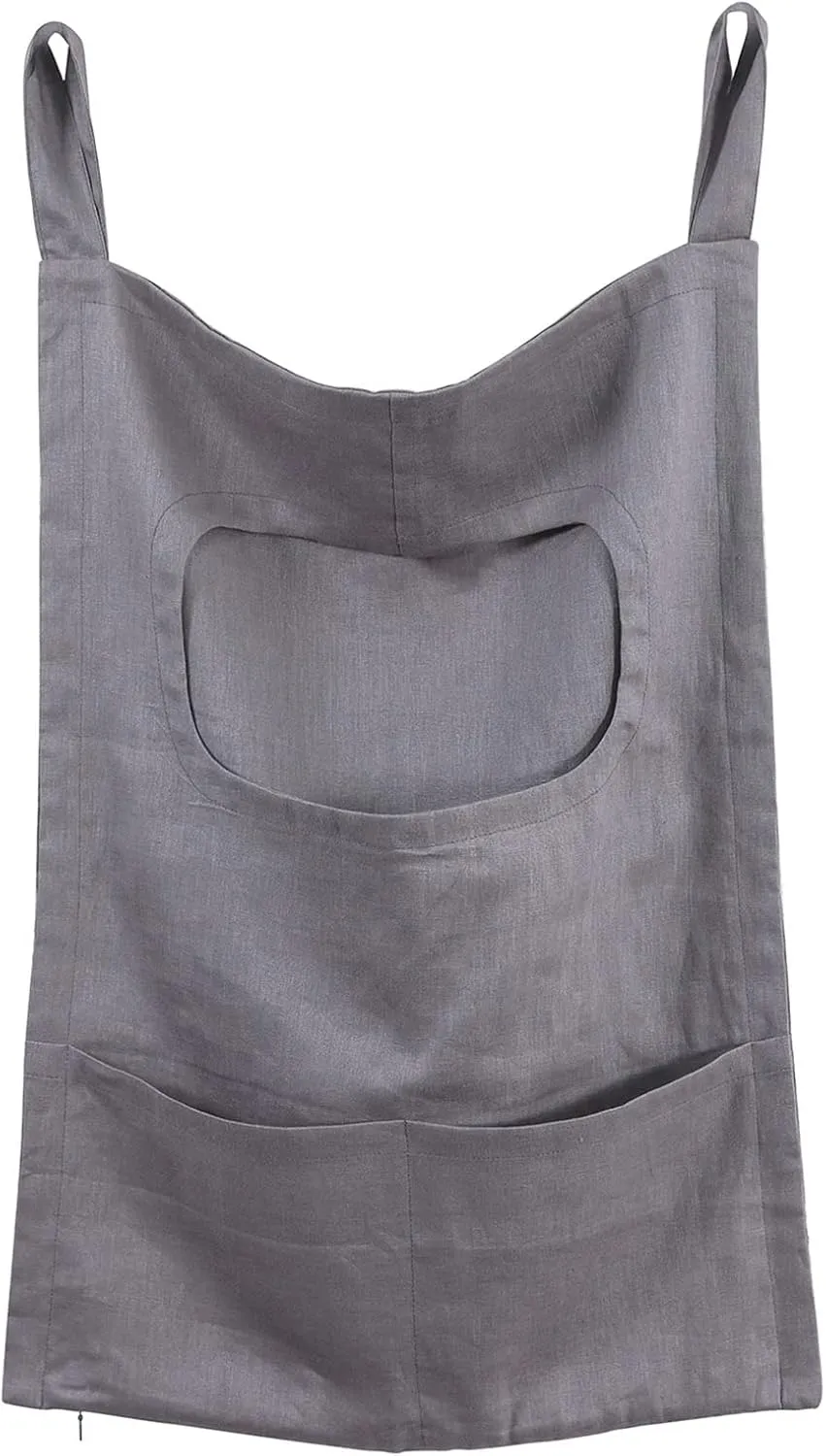 Amazhiyu Pure Linen Over The Door Laundry Hanging Hamper Bag with Bottom Zipper and Pockets Grey
