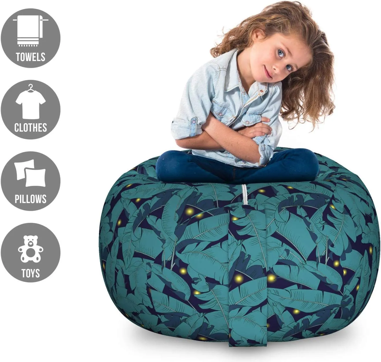 Ambesonne Botanical Storage Toy Bag Chair, Woodland and Fireflies Leafy Plants Forest Foliage Interpretation, Stuffed Animal Organizer Washable Bag, Large Size, Indigo Pastel Yellow Teal