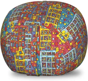 Ambesonne Cartoon Apartments Storage Toy Bag Chair, Amsterdam Holland Cityscape Urban Sketch with Colorful Windows Print, Stuffed Animal Organizer Washable Bag, Small Size, Multicolor