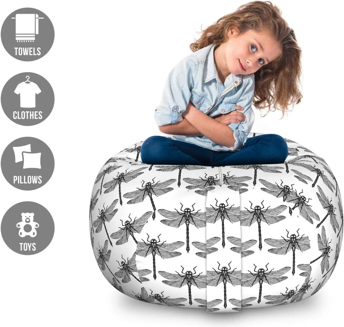 Ambesonne Entomology Storage Toy Bag Chair, Monochrome Interpretation of Repeating Dragonflies Drawn by Hand, Stuffed Animal Organizer Washable Bag, Large Size, Charcoal Grey and White