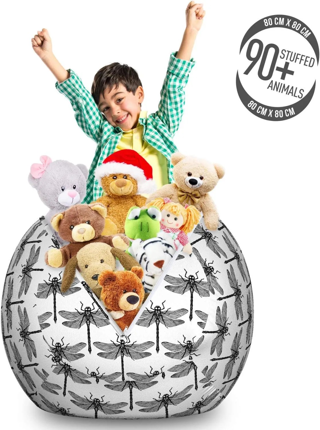 Ambesonne Entomology Storage Toy Bag Chair, Monochrome Interpretation of Repeating Dragonflies Drawn by Hand, Stuffed Animal Organizer Washable Bag, Large Size, Charcoal Grey and White