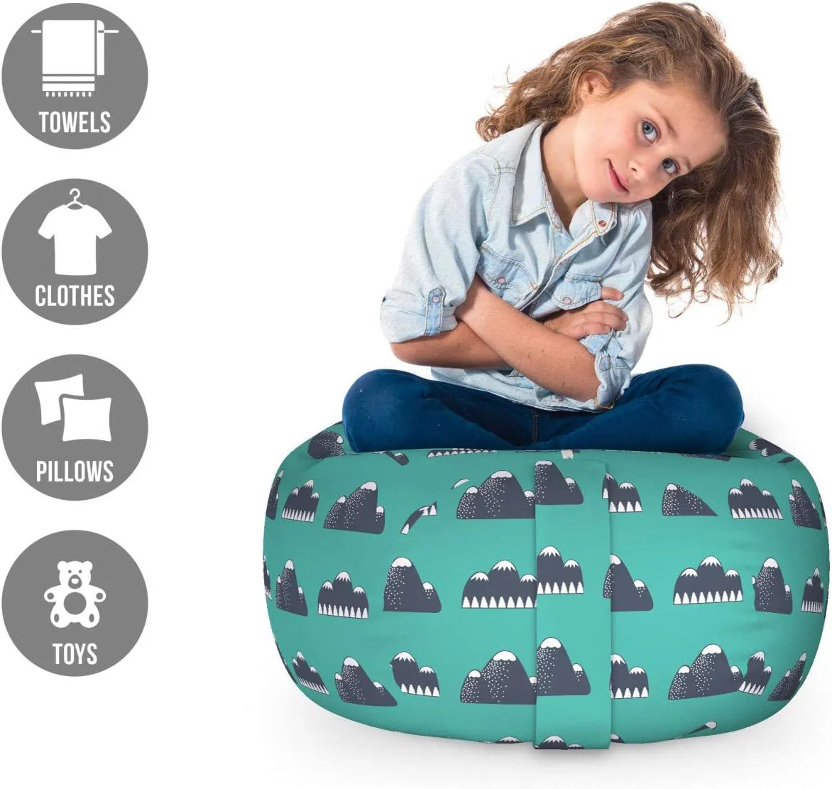 Ambesonne Geology Storage Toy Bag Chair, Mountain Silhouettes Nature Themed Outdoor Rock Snow, Stuffed Animal Organizer Washable Bag, Small Size, Dark Blue Dark Seafoam