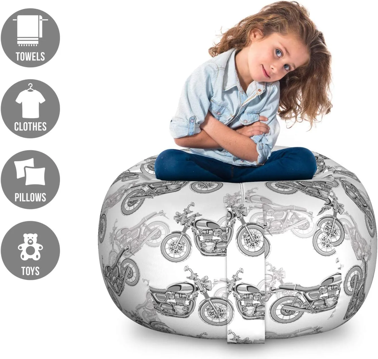Ambesonne Motorcycle Storage Toy Bag Chair, Realistic Grayscale Illustration of Classic Motorcycles Many Details, Stuffed Animal Organizer Washable Bag, Large Size, Black White