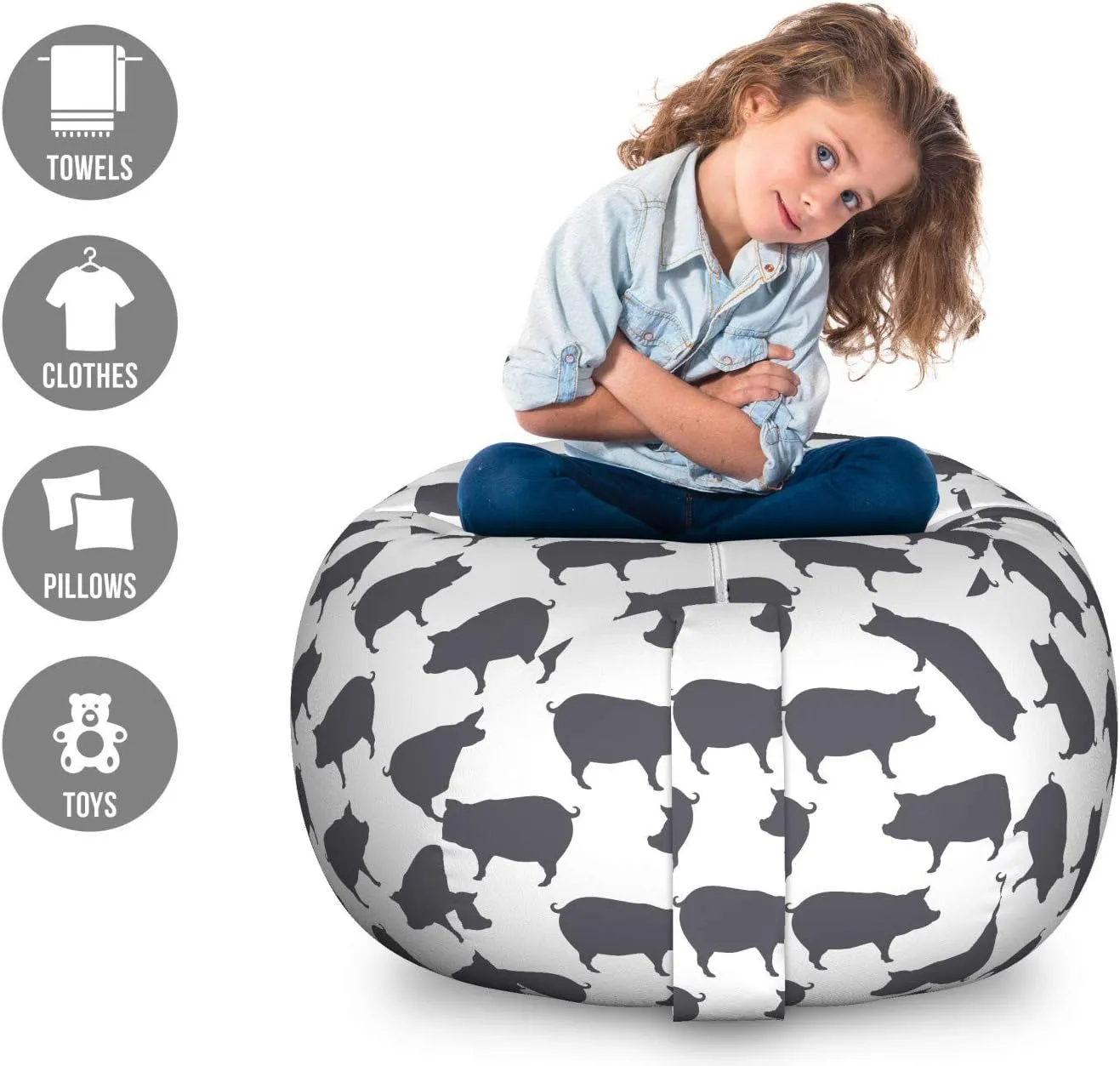 Ambesonne Pig Storage Toy Bag Chair, Continuous Pig Animal Silhouette Pattern Domestic Mammal Husbandry Concept, Stuffed Animal Organizer Washable Bag, Large Size, Charcoal Grey and White