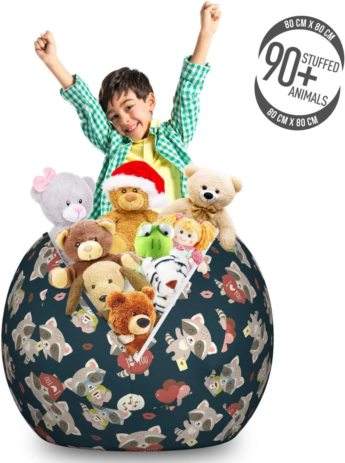 Ambesonne Romantic Storage Toy Bag Chair, Raccoon with I Love You Heart Kisses Birthday Celebration Graphic, Stuffed Animal Organizer Washable Bag, Large Size, Beige Blue