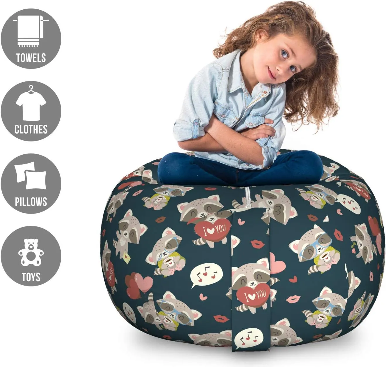 Ambesonne Romantic Storage Toy Bag Chair, Raccoon with I Love You Heart Kisses Birthday Celebration Graphic, Stuffed Animal Organizer Washable Bag, Large Size, Beige Blue