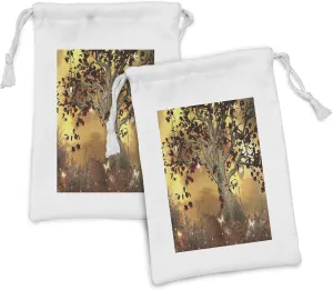 Ambesonne Tree Fabric Pouch Set of 2, Lonely Tree Themed Composition Ornamentation in Earthy Color Tones Artwork, Small Drawstring Bag for Toiletries Masks and Favors, 9" x 6", Amber Fawn Burgundy