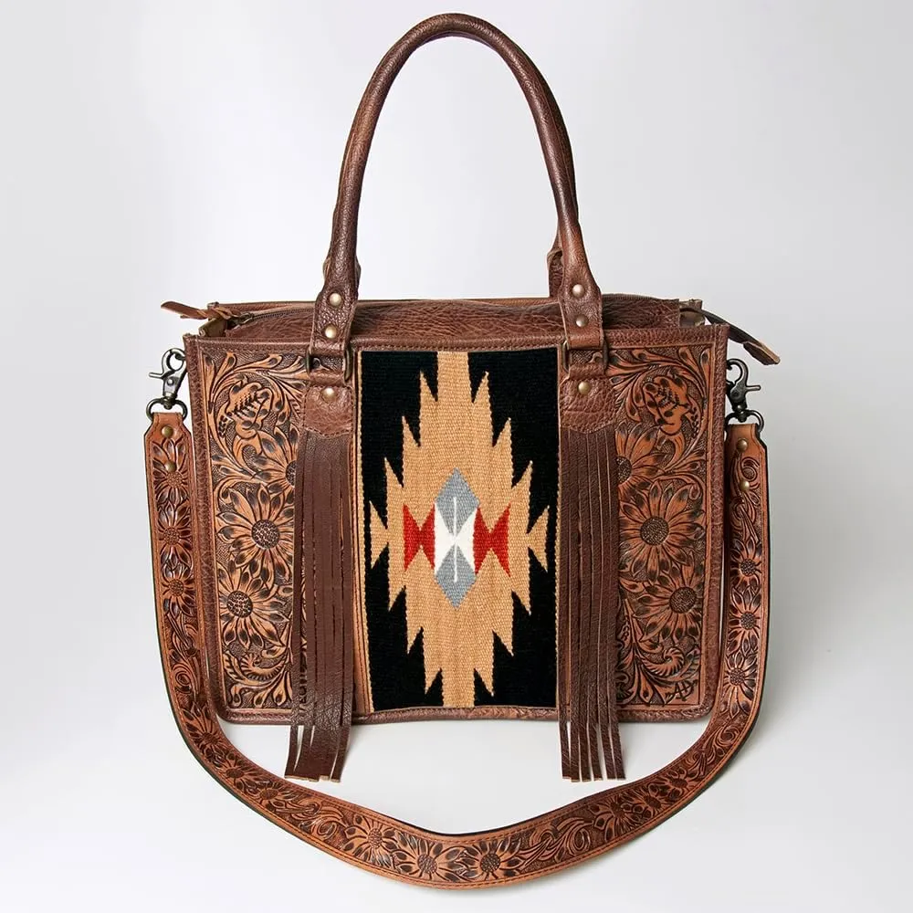 American Darling Briefcase Hand Tooled Saddle Blanket Genuine Leather women bag western handbag purse, Black