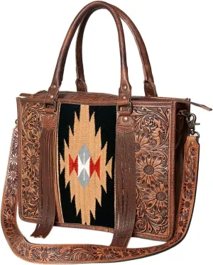 American Darling Briefcase Hand Tooled Saddle Blanket Genuine Leather women bag western handbag purse, Black