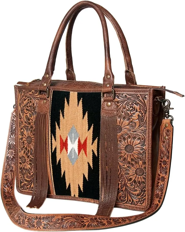 American Darling Briefcase Hand Tooled Saddle Blanket Genuine Leather women bag western handbag purse, Black