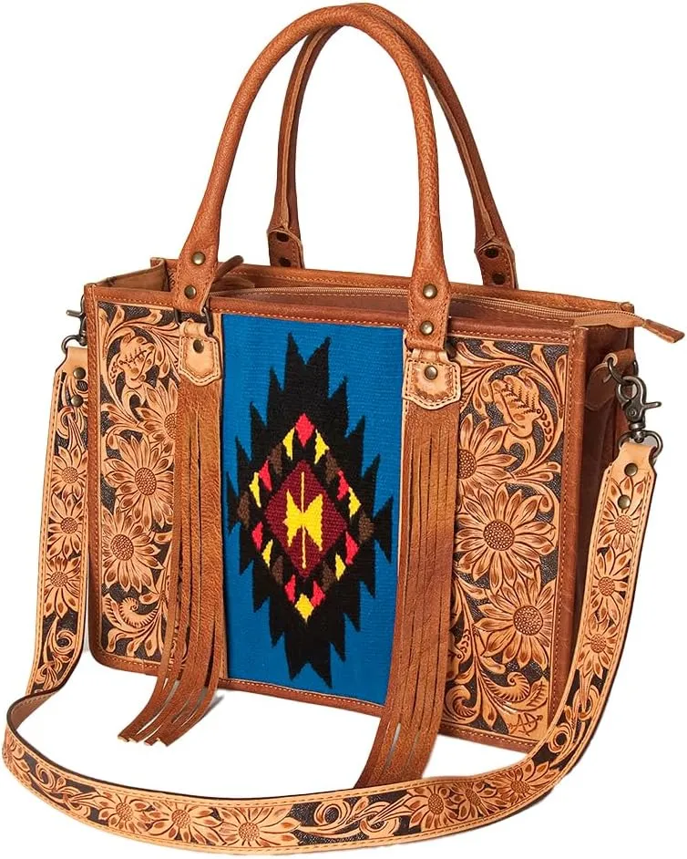 American Darling Briefcase Hand Tooled Saddle Blanket Genuine Leather women bag western handbag purse, Black