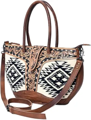 American Darling Women's Multi-colored Western Tote Bag | 10in (H) X 16in (W) X 7in (D) | Hand-Tooled Leather, Hand-Weaved Woolen Saddle Blanket Fabric, YKK Brand Zipper