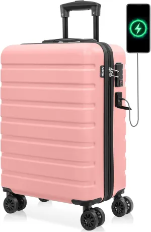 AnyZip Carry On Luggage 21" Hardside PC ABS Lightweight USB Suitcase with Wheels TSA Lock for kids Pink