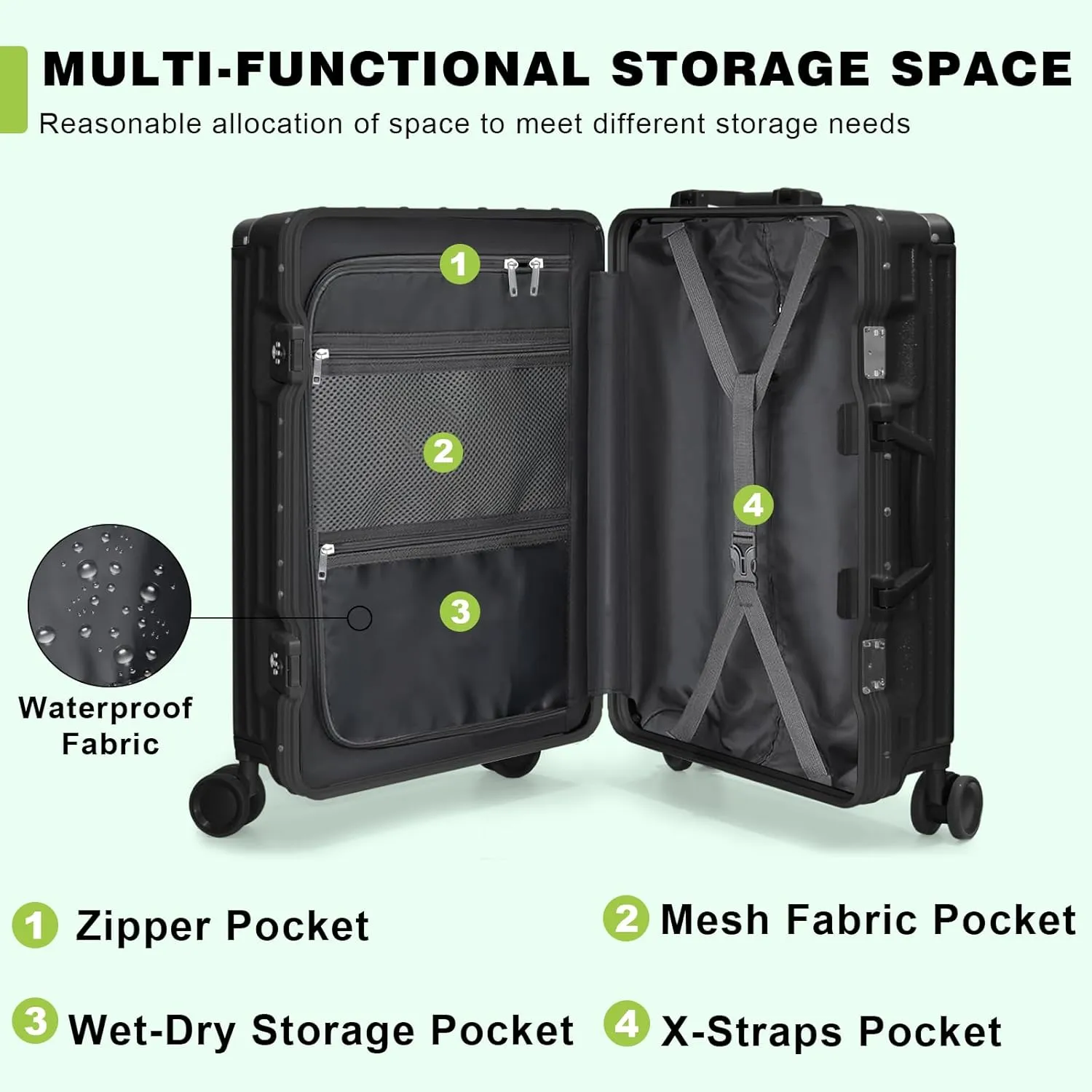 AnyZip Luggage PC ABS Aluminum Frame Zipperless Checked Luggage Hard Shell Suitcase with TSA Lock Double Spinner Wheels 24 Inch Black