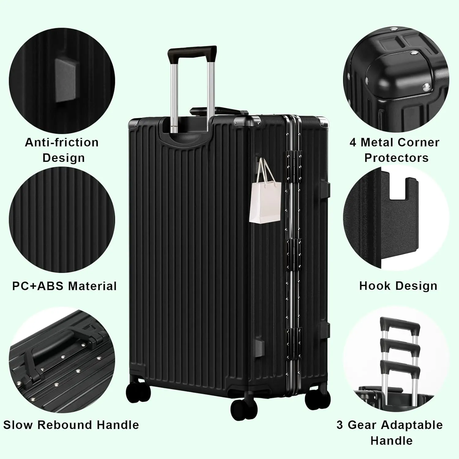 AnyZip Luggage PC ABS Aluminum Frame Zipperless Checked Luggage Hard Shell Suitcase with TSA Lock Double Spinner Wheels 24 Inch Black