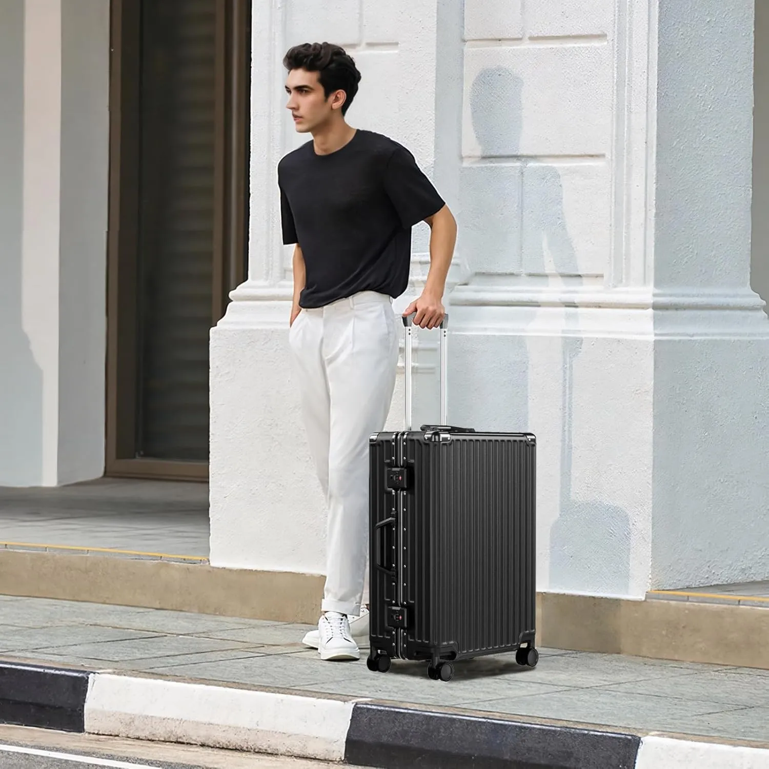 AnyZip Luggage PC ABS Aluminum Frame Zipperless Checked Luggage Hard Shell Suitcase with TSA Lock Double Spinner Wheels 24 Inch Black