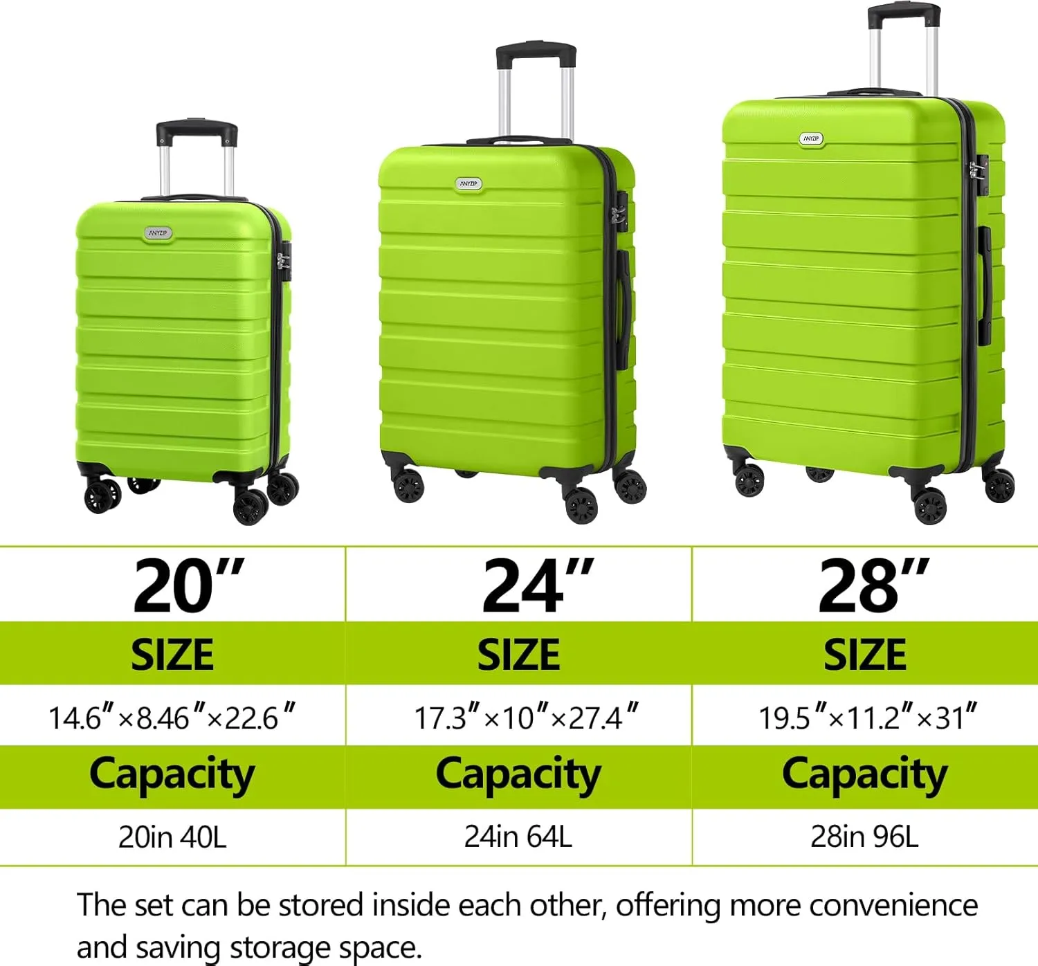 AnyZip Luggage Sets 3 Piece PC ABS Hardside Lightweight Suitcase with 4 Universal Wheels TSA Lock Carry On 20 24 28 Inch Apple Green