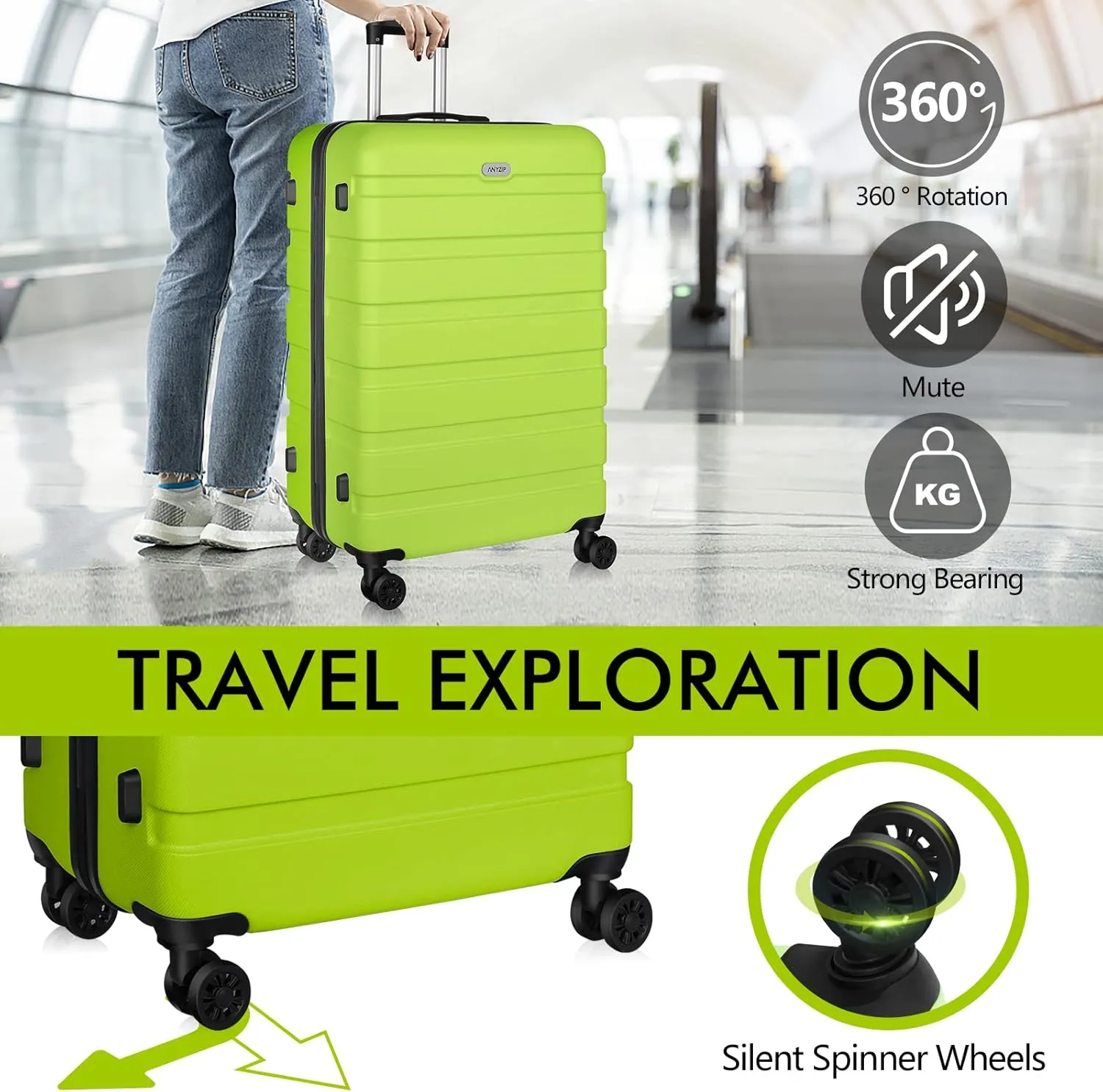 AnyZip Luggage Sets 3 Piece PC ABS Hardside Lightweight Suitcase with 4 Universal Wheels TSA Lock Carry On 20 24 28 Inch Apple Green