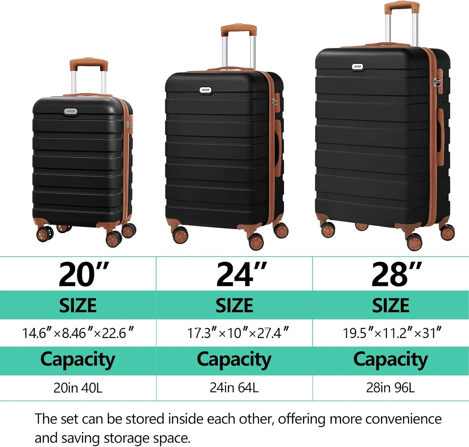 AnyZip Luggage Sets 3 Piece PC ABS Hardside Lightweight Suitcase with 4 Universal Wheels TSA Lock Carry On 20 24 28 Inch Black Brown
