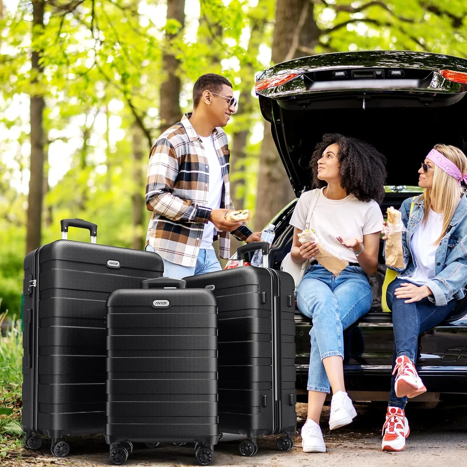 AnyZip Luggage Sets 3 Piece PC ABS Hardside Lightweight Suitcase with 4 Universal Wheels TSA Lock Carry On 20 24 28 Inch Black
