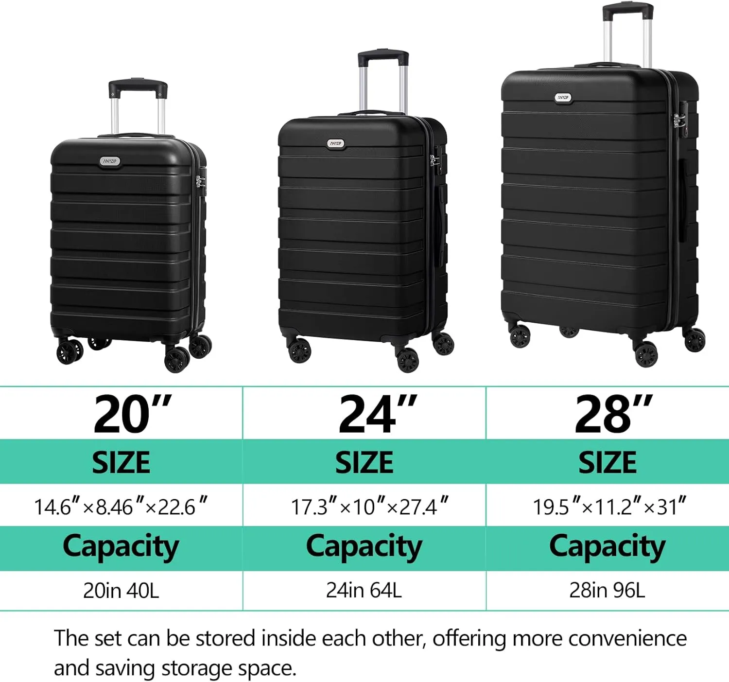 AnyZip Luggage Sets 3 Piece PC ABS Hardside Lightweight Suitcase with 4 Universal Wheels TSA Lock Carry On 20 24 28 Inch Black