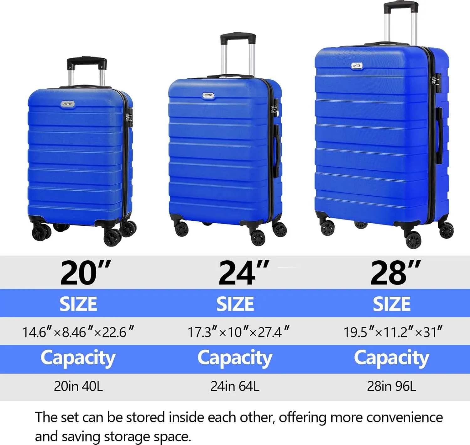 AnyZip Luggage Sets 3 Piece PC ABS Hardside Lightweight Suitcase with 4 Universal Wheels TSA Lock Carry On 20 24 28 Inch Blue