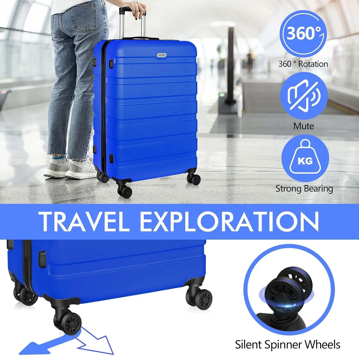 AnyZip Luggage Sets 3 Piece PC ABS Hardside Lightweight Suitcase with 4 Universal Wheels TSA Lock Carry On 20 24 28 Inch Blue