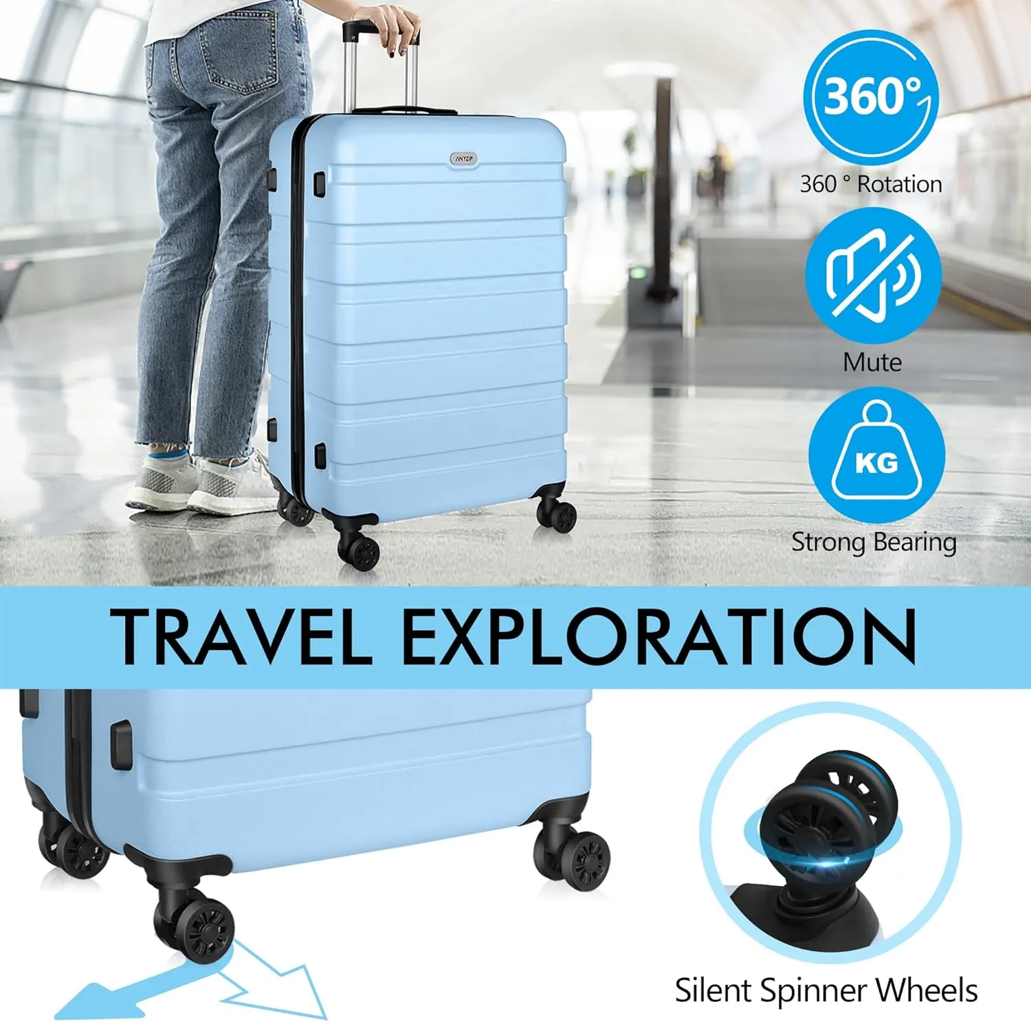 AnyZip Luggage Sets 3 Piece PC ABS Hardside Lightweight Suitcase with 4 Universal Wheels TSA Lock Carry On 20 24 28 Inch Light Blue