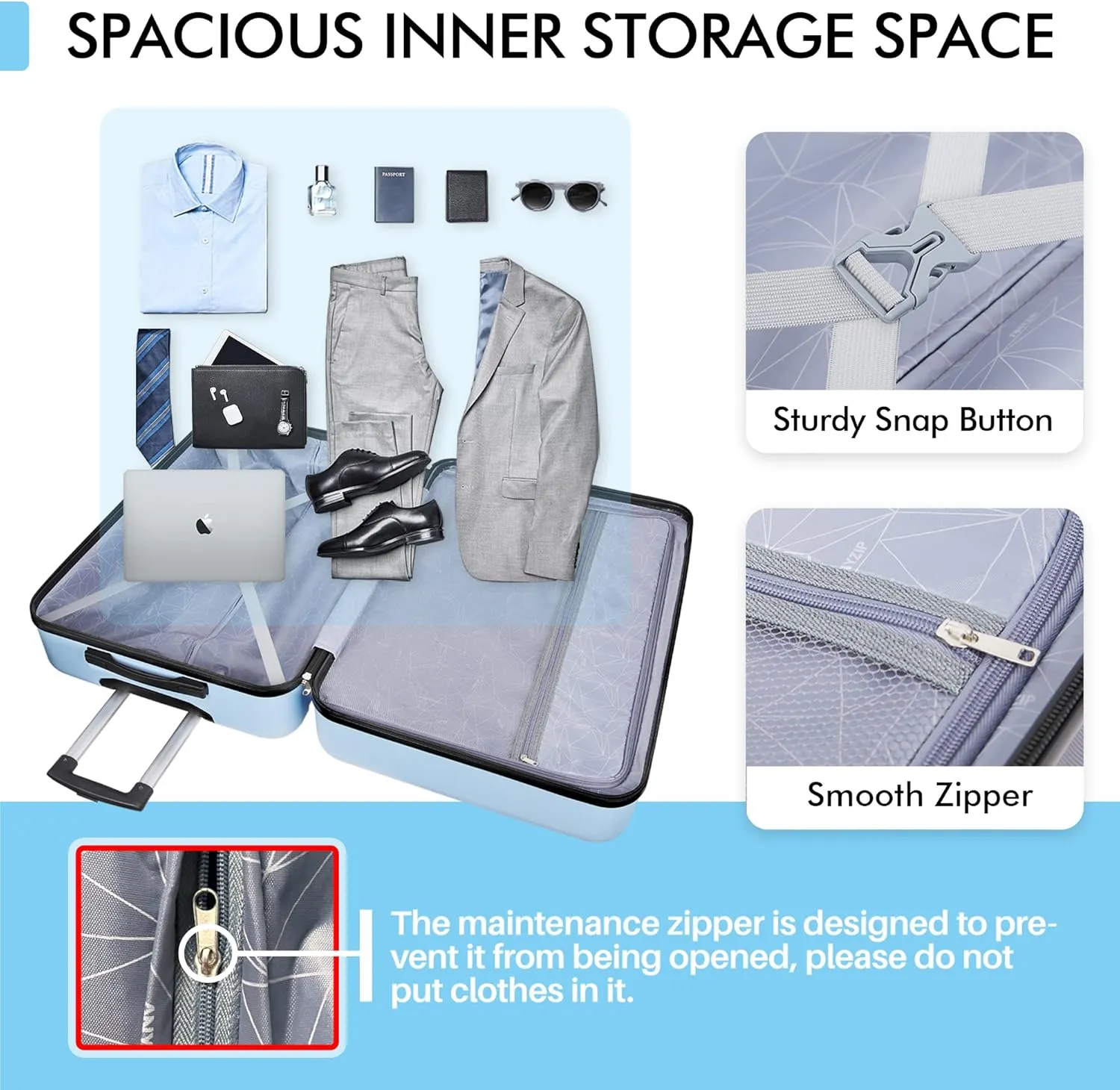 AnyZip Luggage Sets 3 Piece PC ABS Hardside Lightweight Suitcase with 4 Universal Wheels TSA Lock Carry On 20 24 28 Inch Light Blue