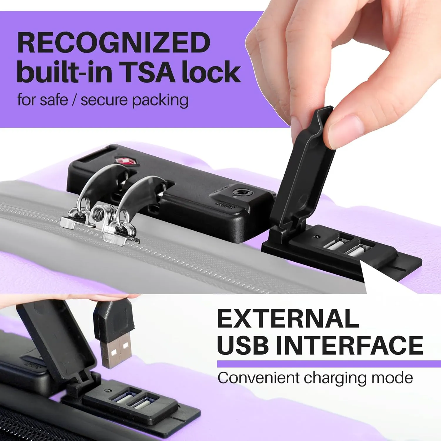 AnyZip Suitcase Hardside PC ABS Lightweight USB Luggage with Wheels TSA Lock Checked-Medium 24 Inch Violet Purple