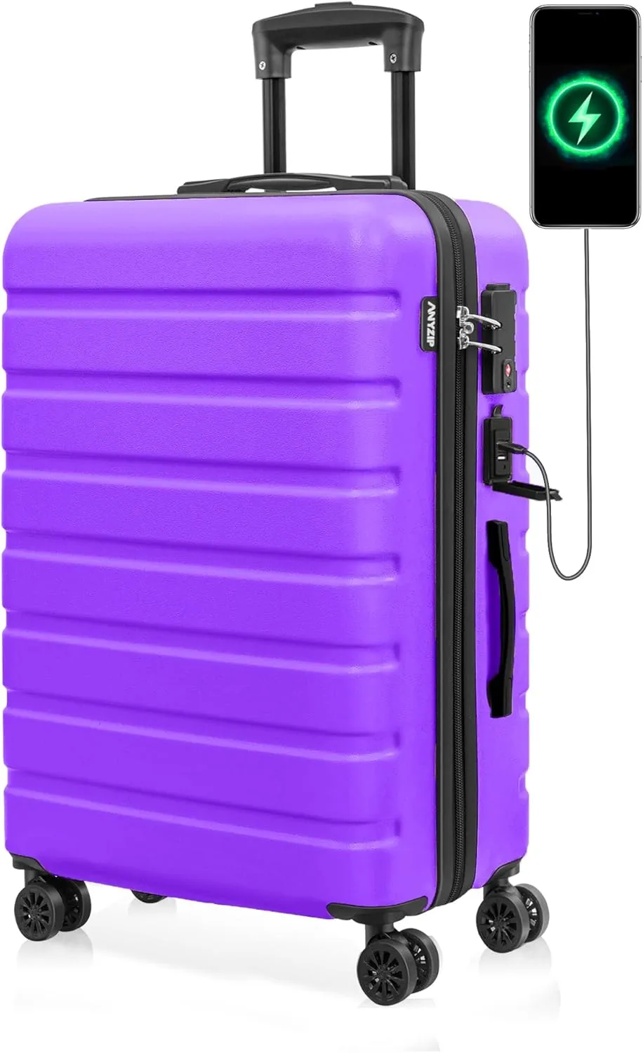 AnyZip Suitcase Hardside PC ABS Lightweight USB Luggage with Wheels TSA Lock Checked-Medium 24 Inch Violet Purple