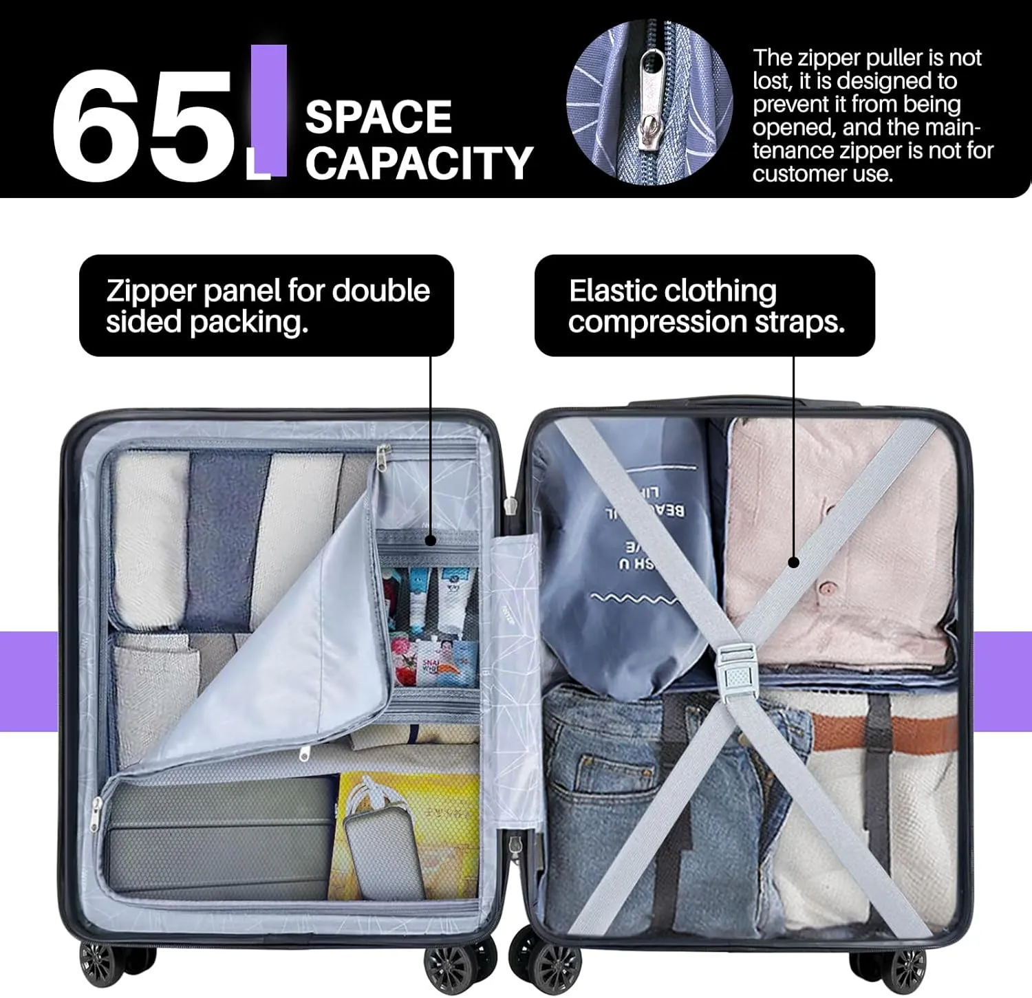 AnyZip Suitcase Hardside PC ABS Lightweight USB Luggage with Wheels TSA Lock Checked-Medium 24 Inch Violet Purple