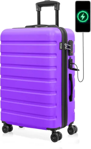 AnyZip Suitcase Hardside PC ABS Lightweight USB Luggage with Wheels TSA Lock Checked-Medium 24 Inch Violet Purple