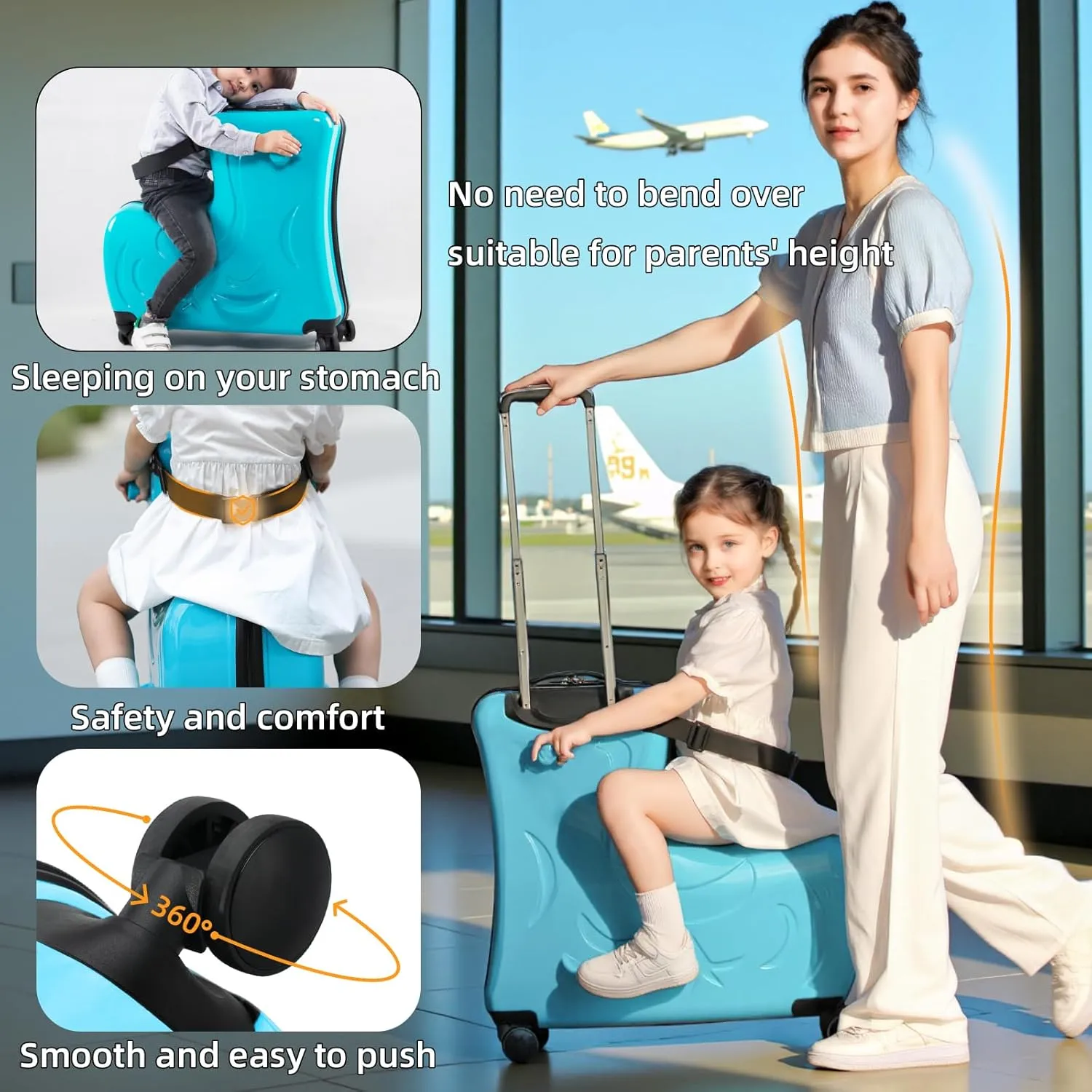 AO WEI LA OW Duffel Bag for Kids Ride-On Suitcase Carry-On Luggage with Wheels (Blue, 24 Inch(suggest 6-12 years old))