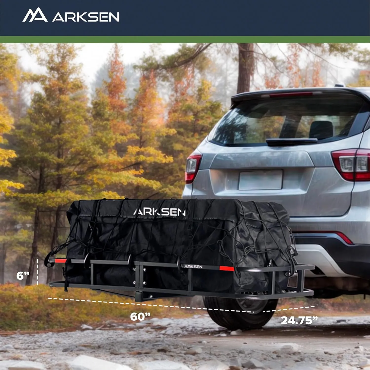 ARKSEN Heavy Duty Angled Cargo Carrier Tow Hitch with Net, Folding Luggage Storage Basket for Camping or Traveling, SUV, Pickup Truck or Car, 500 lbs Capacity, 60 x 24 x 6 Inch