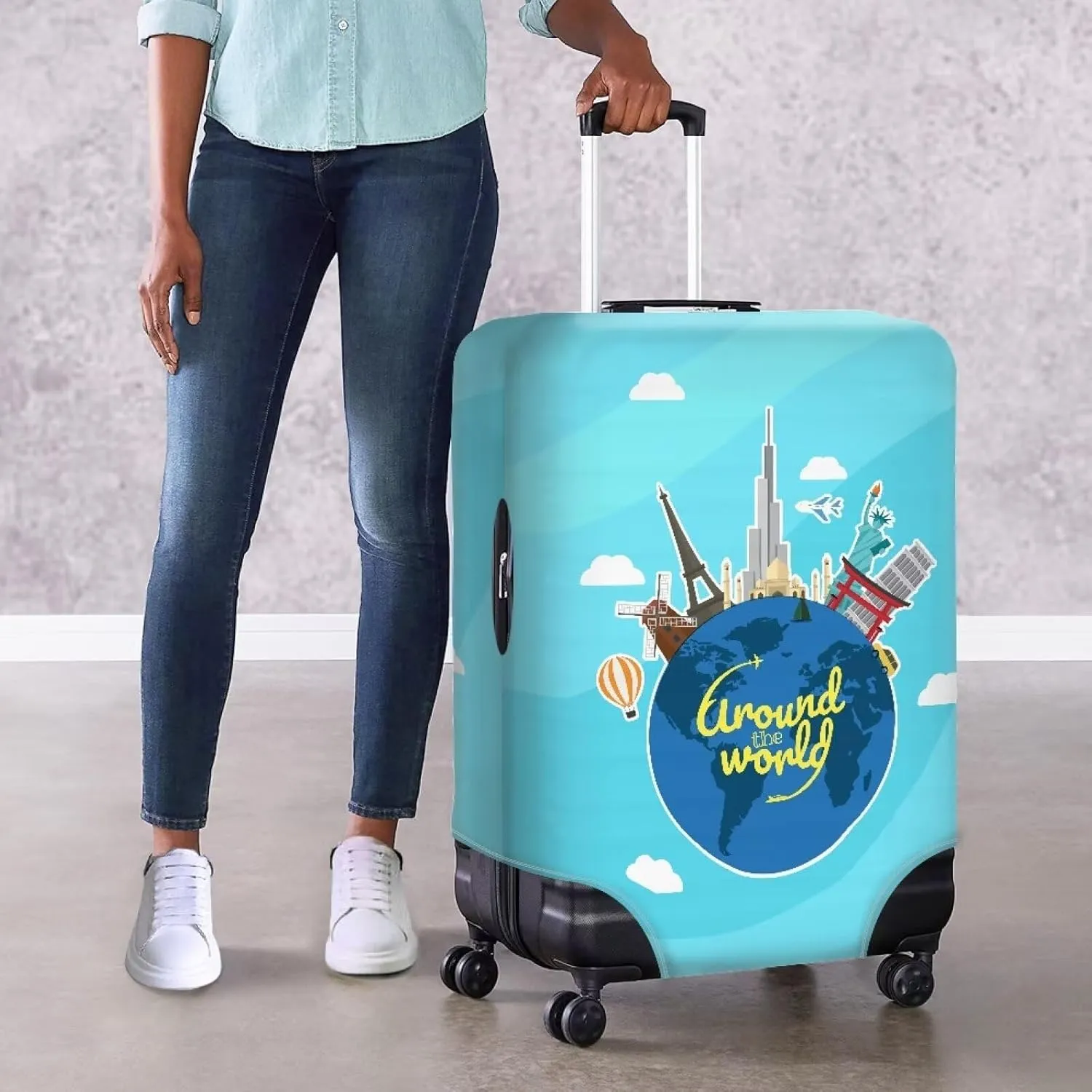 Around The World Airplane Suitcase Covers Travel Luggage Cover Suitcase Protector Fits 18-32 Inch Luggage All Around Suitcase Cover American Tourister Luggage 18/24/28/32 Inch Cover-L