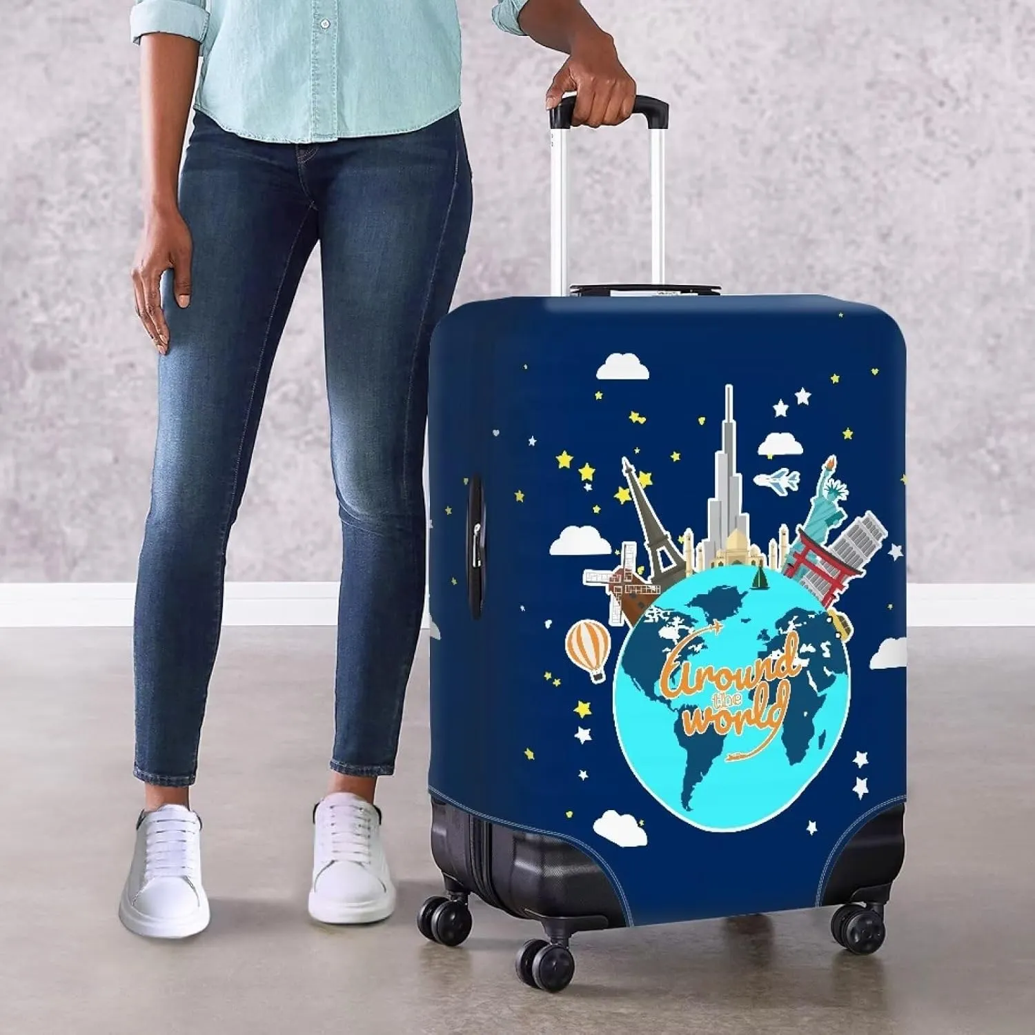 Around The World01 Away Luggage Cover Luggage Cover Washable Suitcase Cover Suitcase Protector Anti-Scratch Suitcase Cover Fits 18-32 Inch Luggage Away Luggage Protector Luggagecover-L