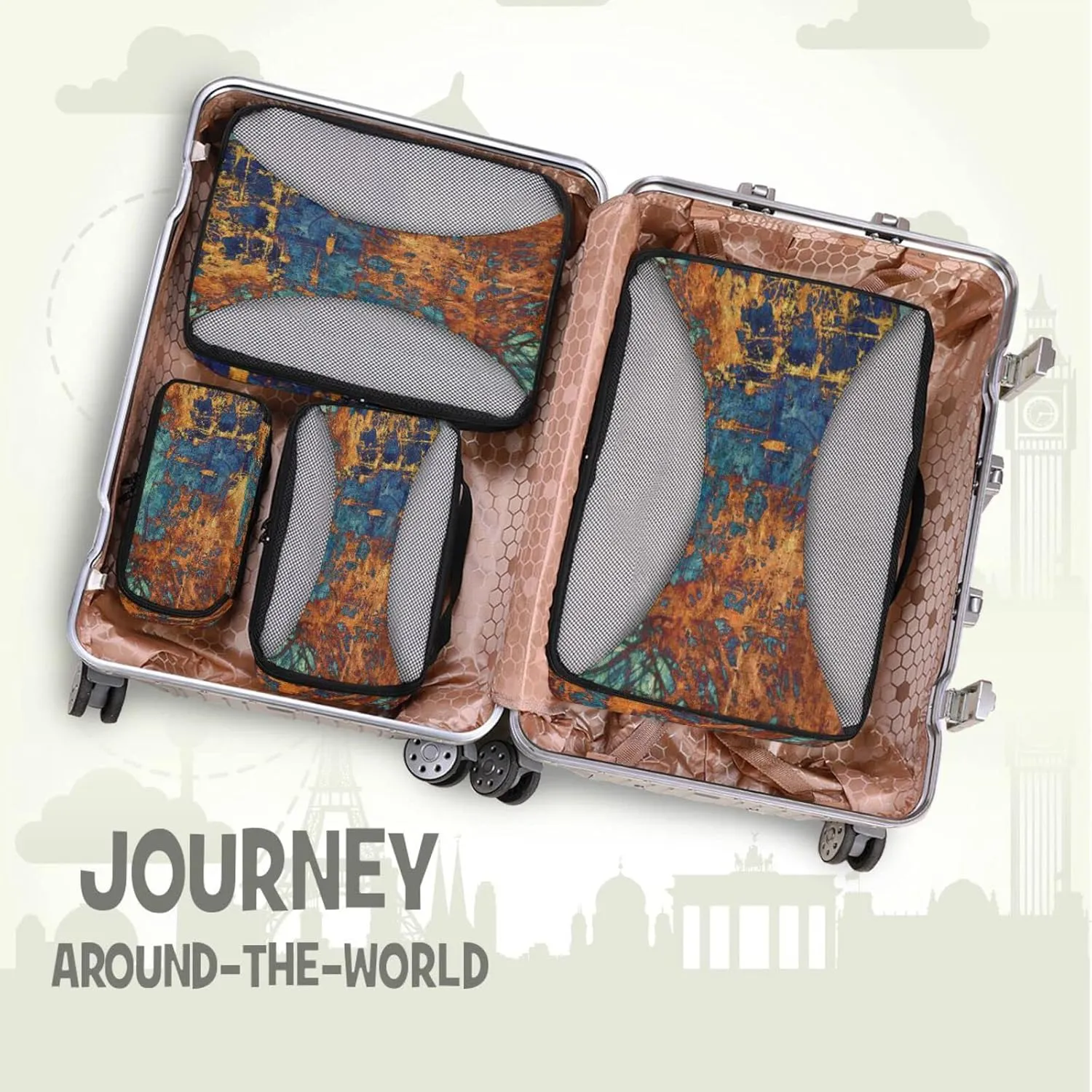 Art Abstract Grunge Graphic Background Dark Orange Black Pattern 4 PCs Set Packing Bags, Luggage Organizer Bag, Portable Cube Toiletry bag, Durable Travel Cosmetic Storage Bag for Men Women