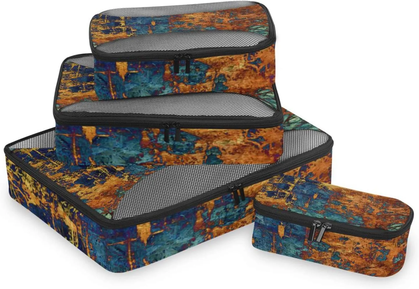 Art Abstract Grunge Graphic Background Dark Orange Black Pattern 4 PCs Set Packing Bags, Luggage Organizer Bag, Portable Cube Toiletry bag, Durable Travel Cosmetic Storage Bag for Men Women
