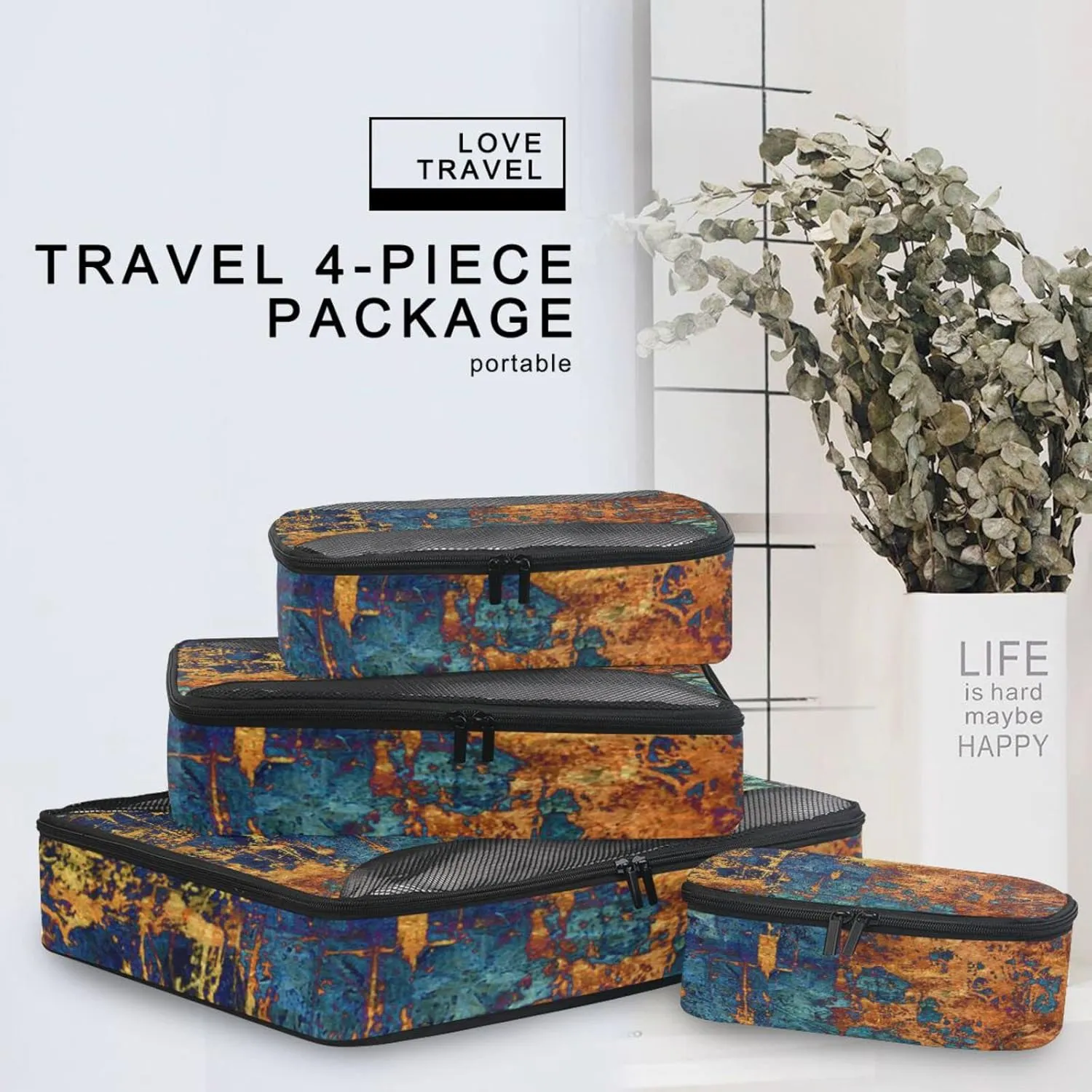 Art Abstract Grunge Graphic Background Dark Orange Black Pattern 4 PCs Set Packing Bags, Luggage Organizer Bag, Portable Cube Toiletry bag, Durable Travel Cosmetic Storage Bag for Men Women