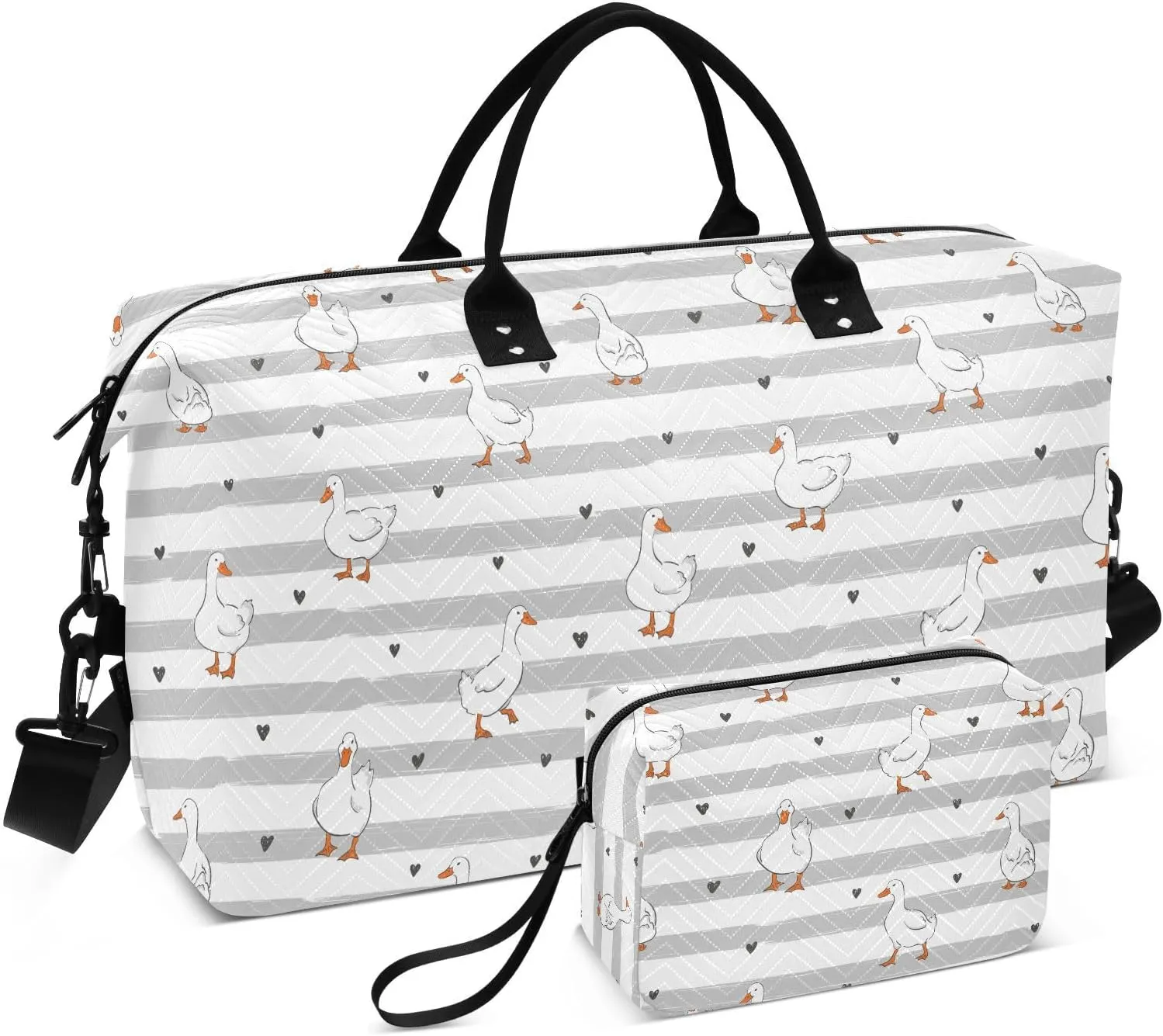 Aslsiy Travel Duffel Bags for Women Cute Ducks Heart Sports Duffel Bags Grey Stripe Weekender Bags Gym Bag with Toiletry Bag Carry on Overnight Bag