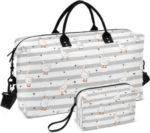 Aslsiy Travel Duffel Bags for Women Cute Ducks Heart Sports Duffel Bags Grey Stripe Weekender Bags Gym Bag with Toiletry Bag Carry on Overnight Bag