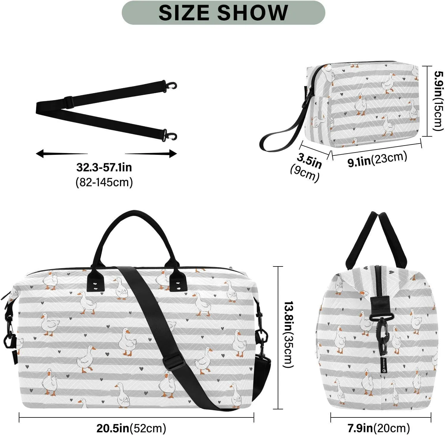 Aslsiy Travel Duffel Bags for Women Cute Ducks Heart Sports Duffel Bags Grey Stripe Weekender Bags Gym Bag with Toiletry Bag Carry on Overnight Bag