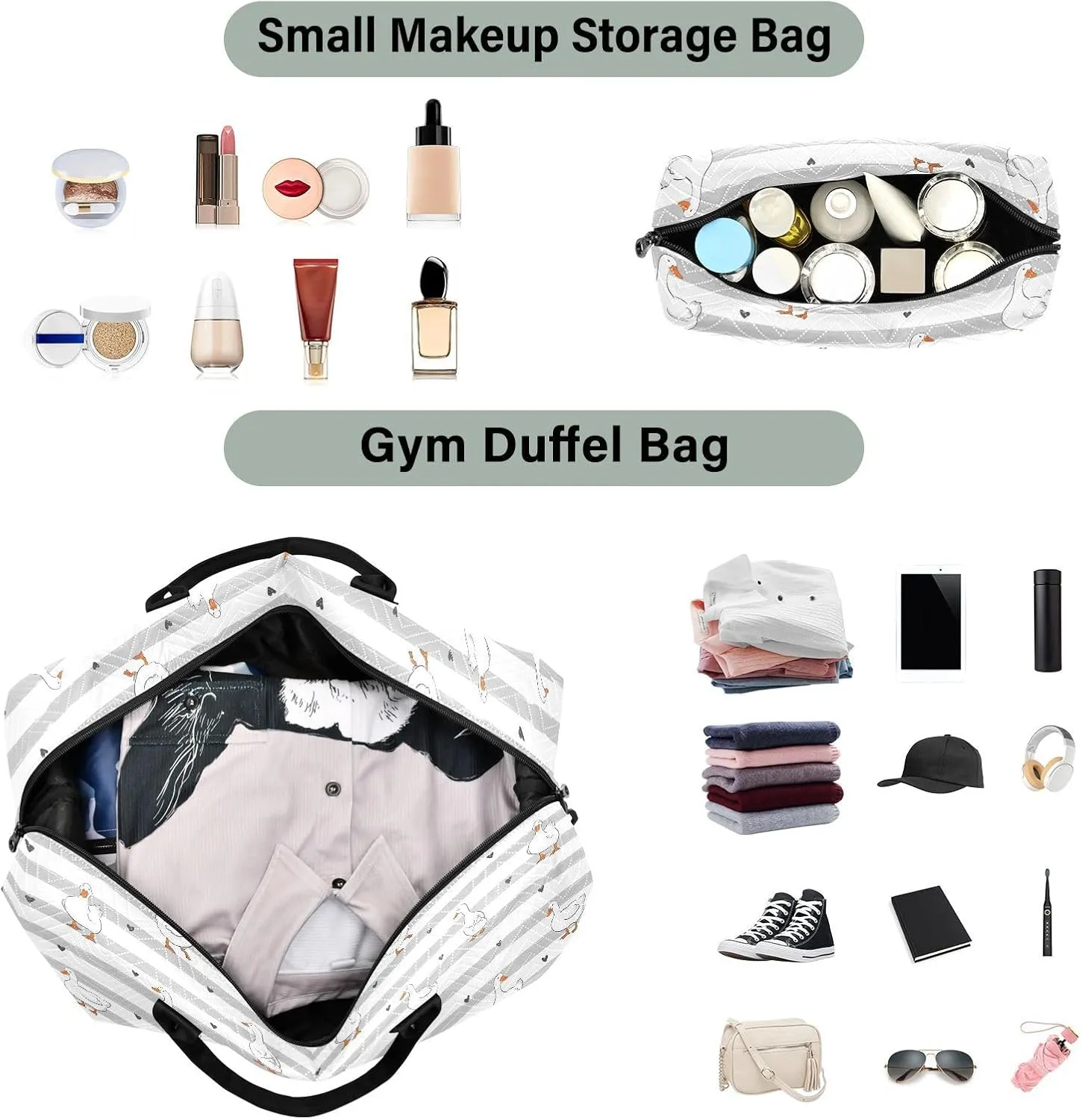 Aslsiy Travel Duffel Bags for Women Cute Ducks Heart Sports Duffel Bags Grey Stripe Weekender Bags Gym Bag with Toiletry Bag Carry on Overnight Bag