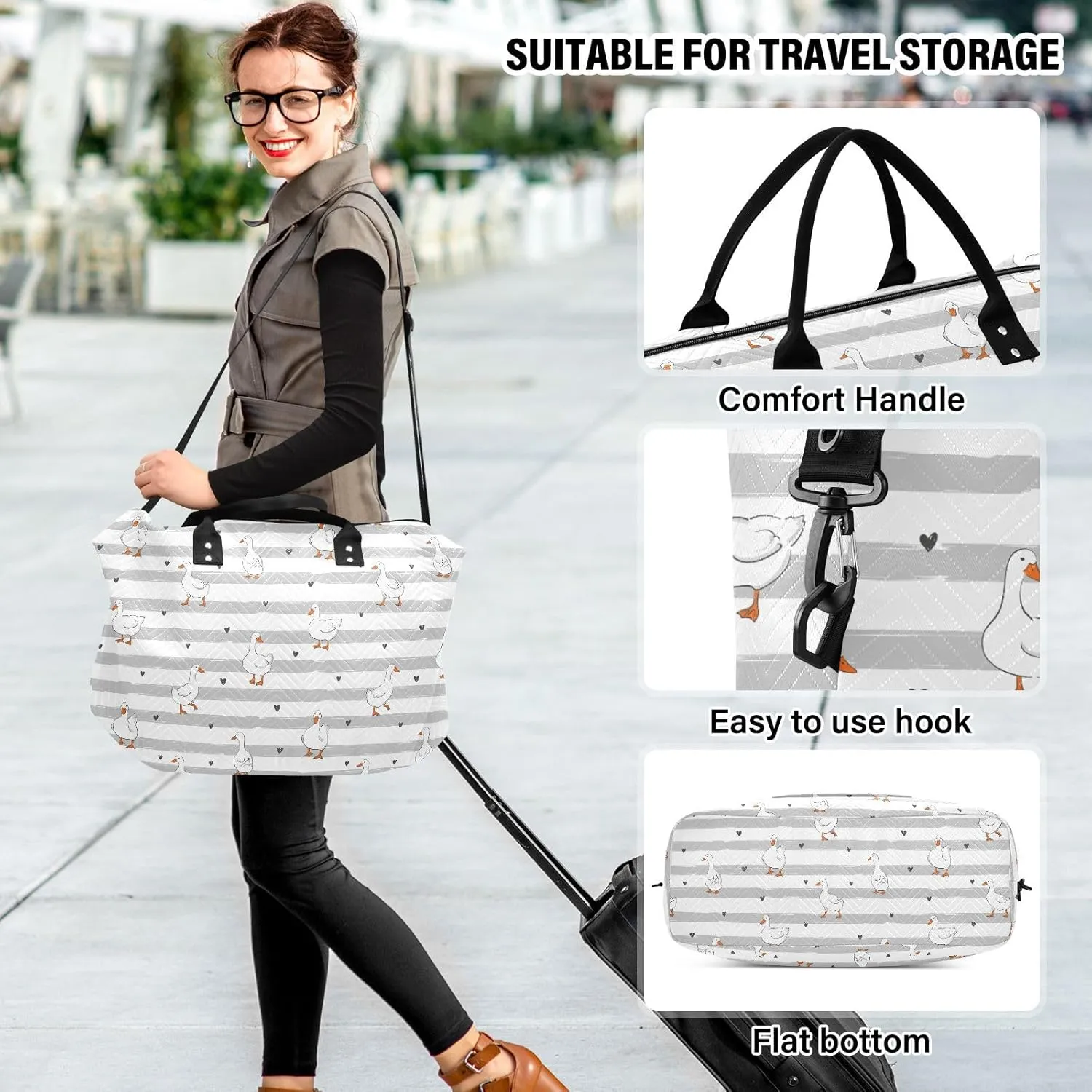 Aslsiy Travel Duffel Bags for Women Cute Ducks Heart Sports Duffel Bags Grey Stripe Weekender Bags Gym Bag with Toiletry Bag Carry on Overnight Bag
