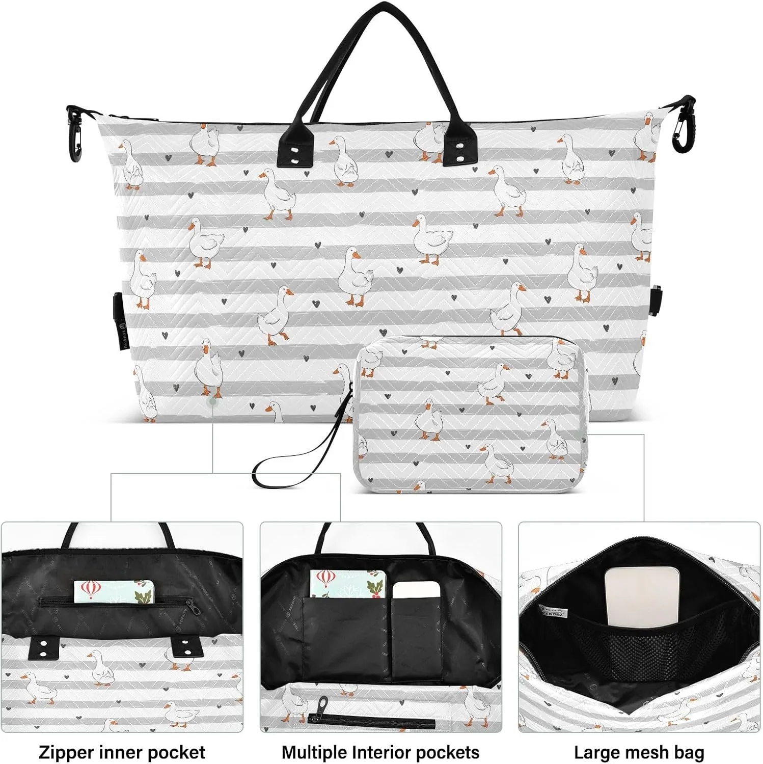 Aslsiy Travel Duffel Bags for Women Cute Ducks Heart Sports Duffel Bags Grey Stripe Weekender Bags Gym Bag with Toiletry Bag Carry on Overnight Bag